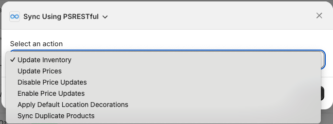 Sync Using PSRESTful dialog with dropdown open showing all available actions