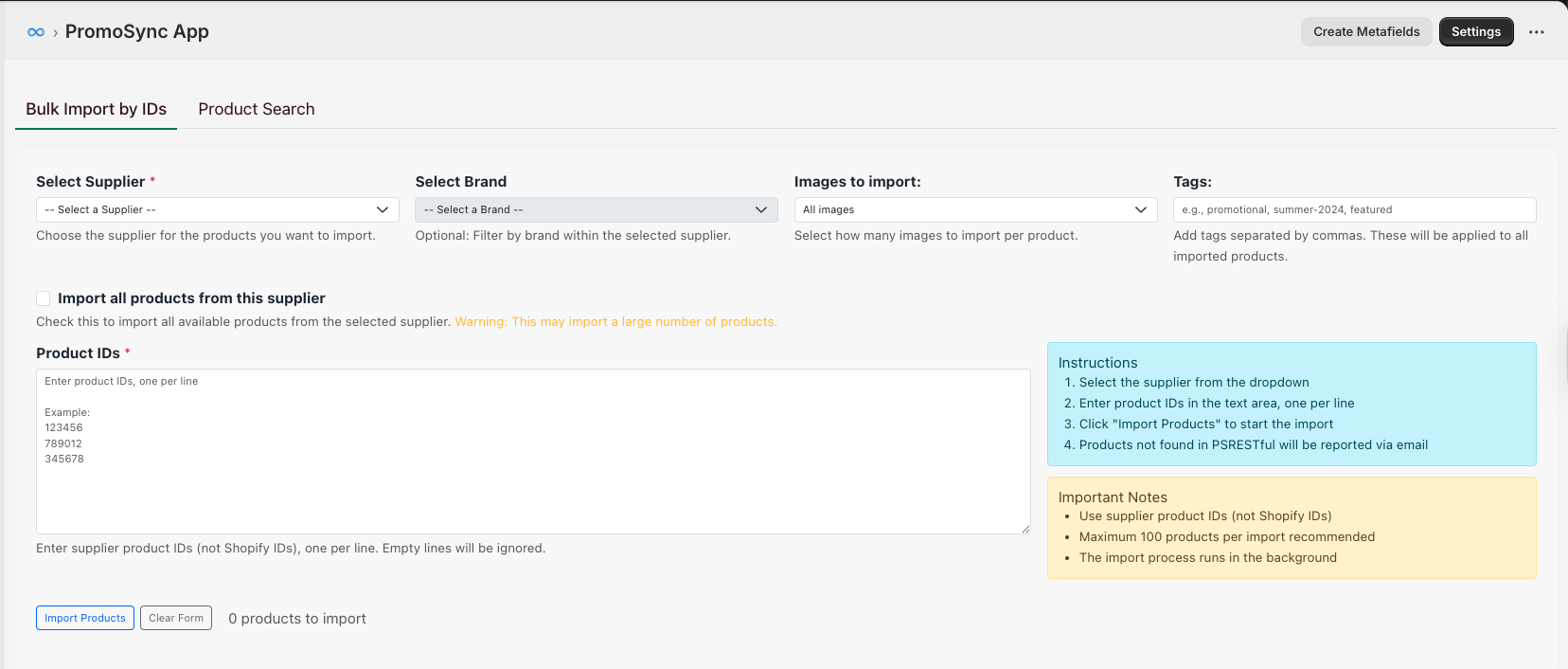 Bulk Import by IDs interface showing supplier selection, brand filter, tags input, and product IDs text area with instructions