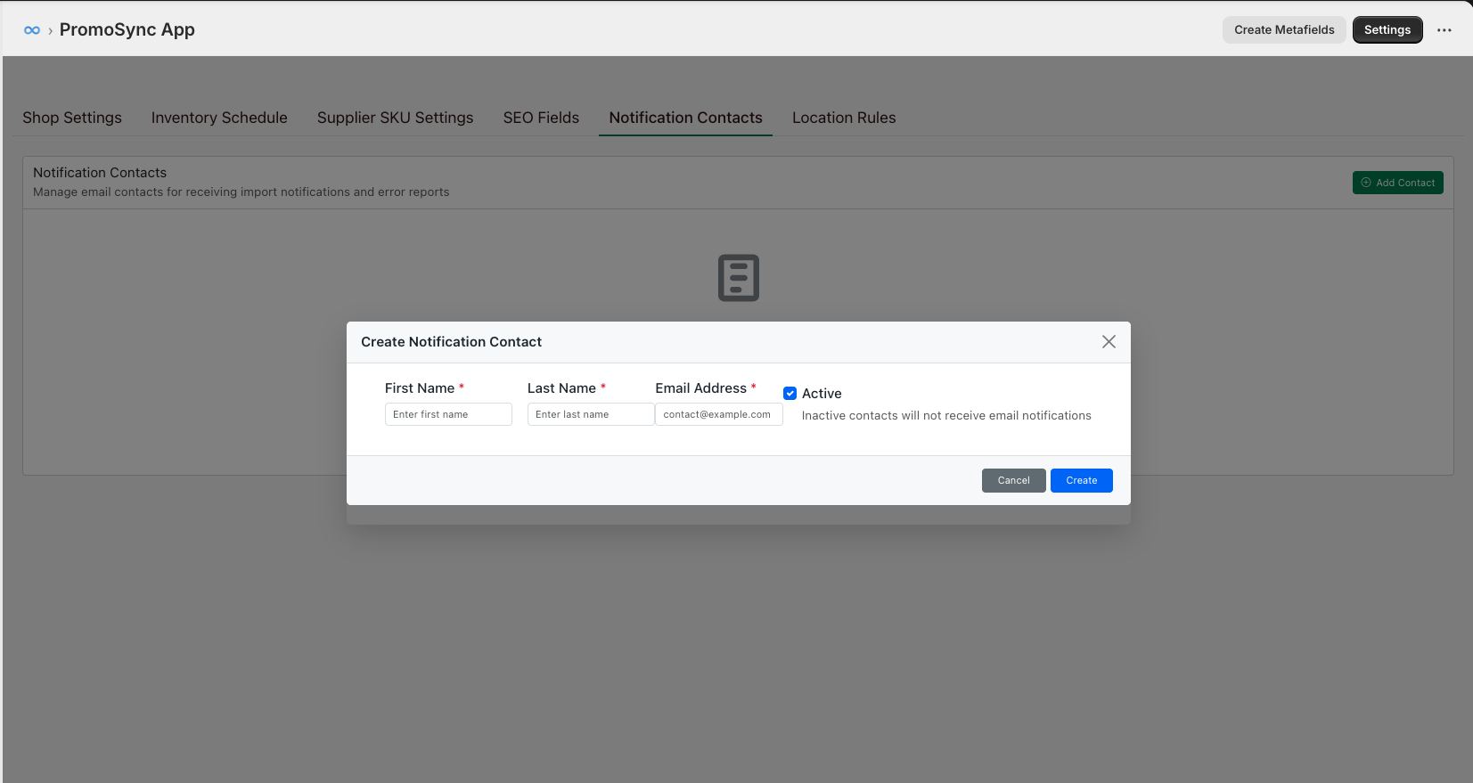 Create Notification Contact dialog with First Name, Last Name, Email Address fields and Active checkbox