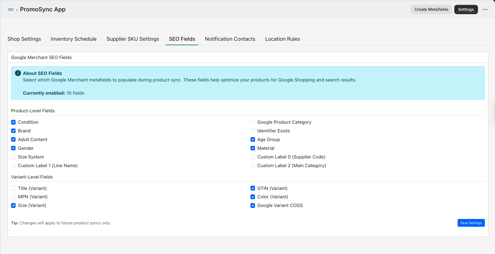 SEO Fields settings showing checkboxes for Product-Level fields like Condition, Brand, Gender, and Variant-Level fields like GTIN, Color, Size