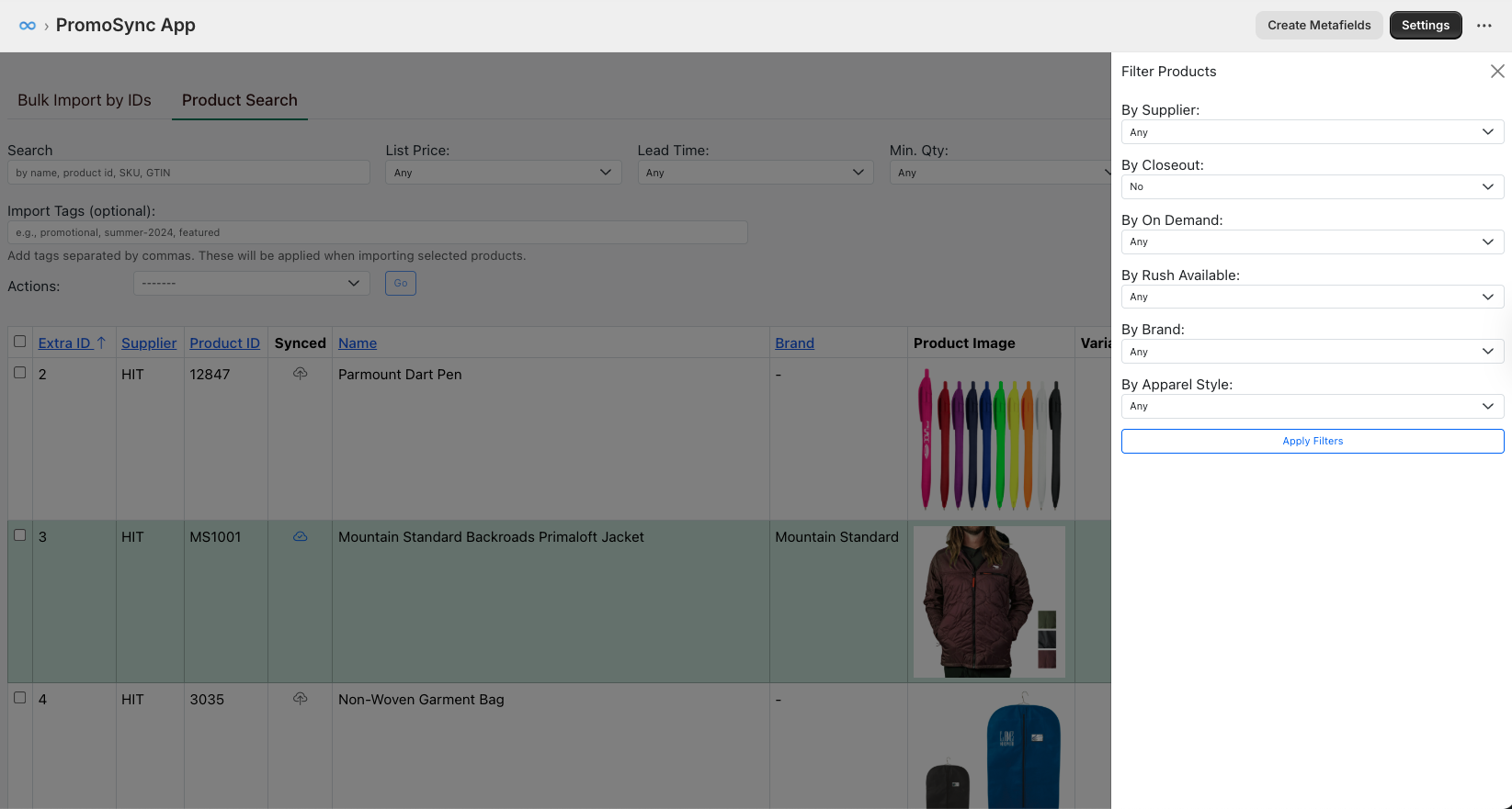 Product Search with Filter Products panel showing options for Supplier, Closeout, On Demand, Rush Available, Brand, and Apparel Style