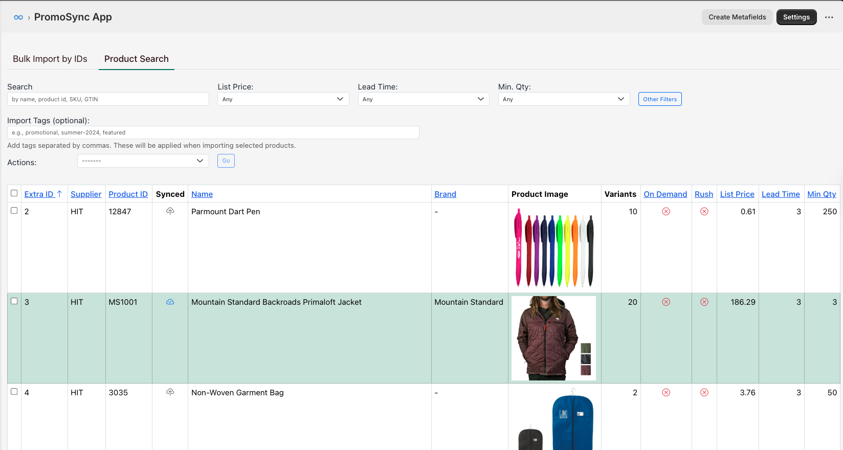 Product Search results showing products from HIT supplier with images, names, brands, variants, pricing, and lead times