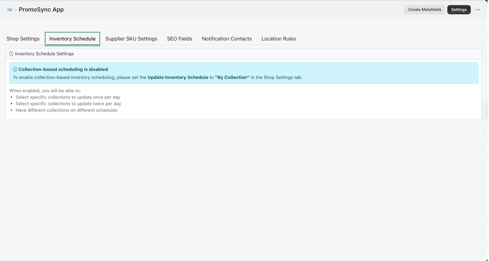 Inventory Schedule settings tab showing collection-based scheduling is disabled with instructions to enable it