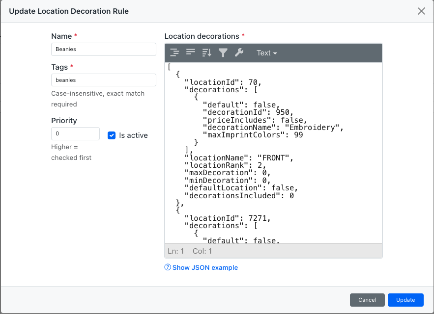 Update Location Decoration Rule dialog showing name, tags, priority, and JSON editor for location decorations