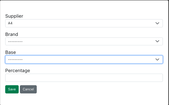 New Price dialog with Supplier, Brand, Base, and Percentage fields