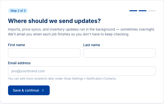 Onboarding wizard Step 2 of 3 with the title Where should we send updates? and First name, Last name, and Email address fields