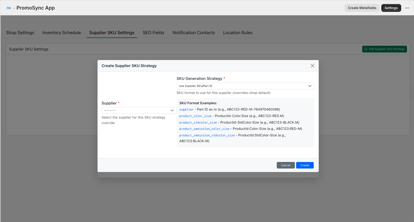 Create Supplier SKU Strategy dialog showing SKU Generation Strategy dropdown and format examples