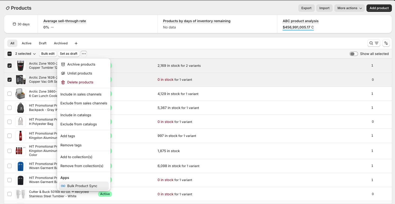 Shopify Products page with products selected, More actions dropdown open showing Bulk Product Sync under Apps
