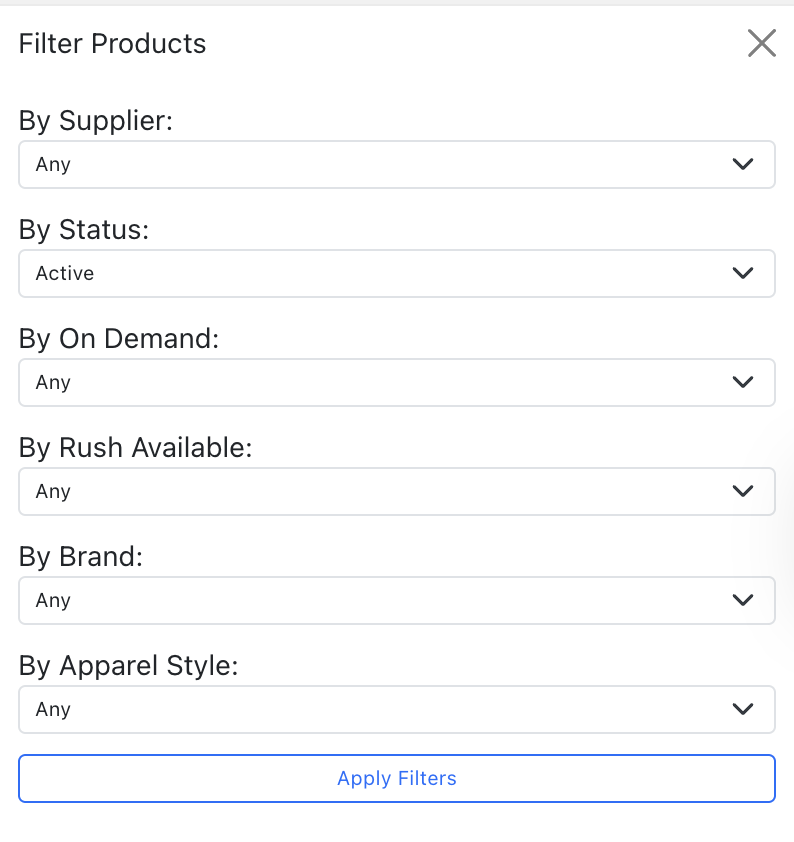 Filter Products modal with By Status dropdown defaulting to Active
