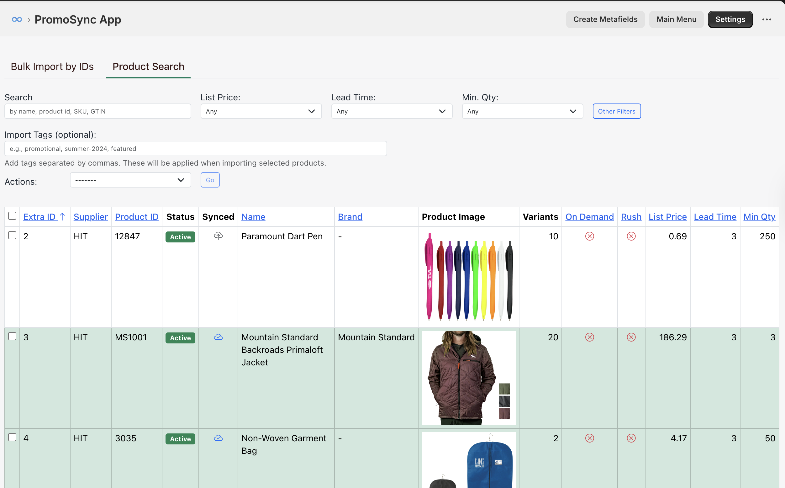 Product Search results showing green Active status badges per product row alongside product images, pricing, and variants
