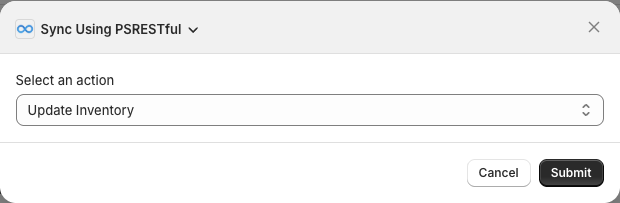 PromoSync Update Inventory bulk action selected in the Sync Using PSRESTful dialog in Shopify