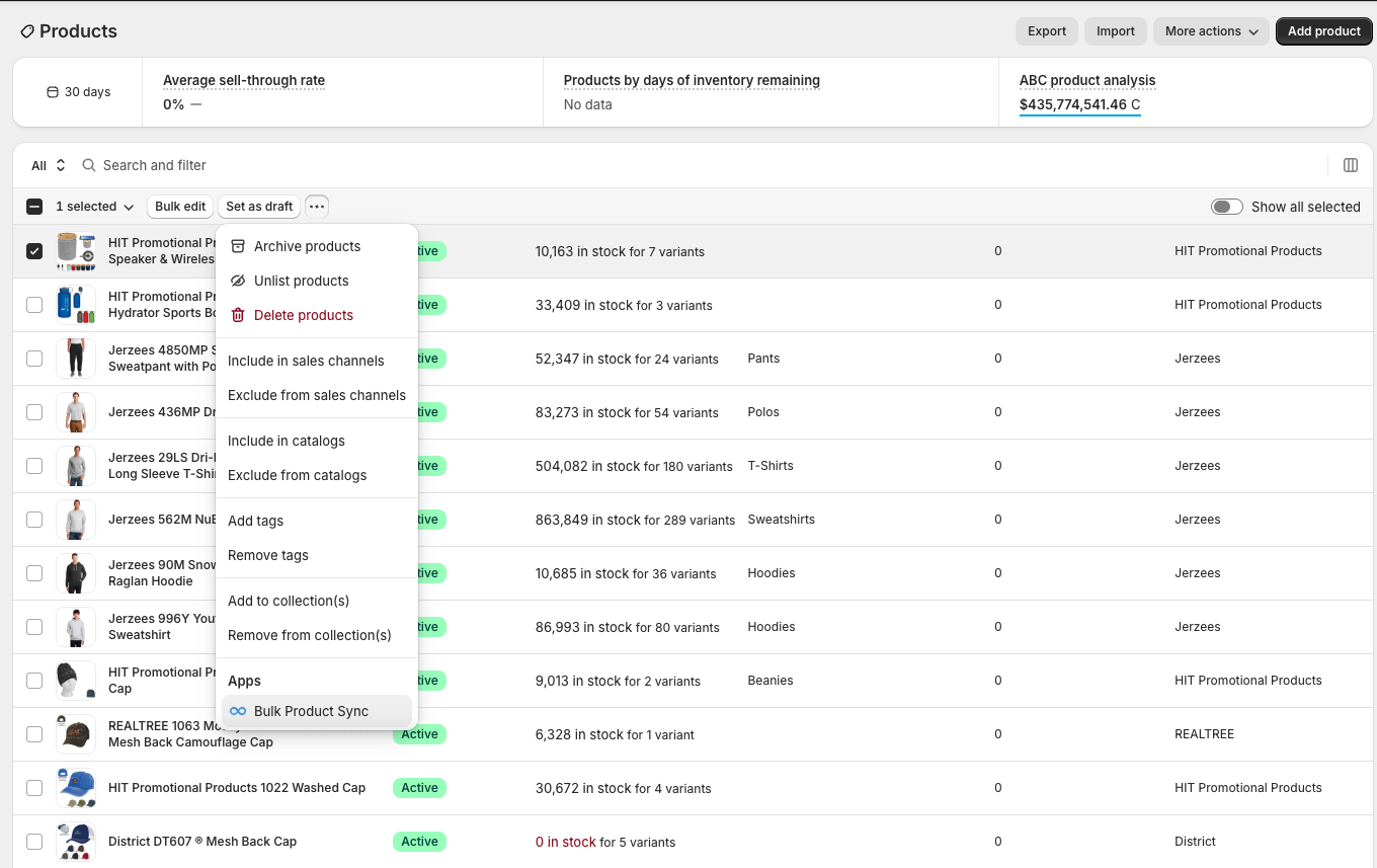 Launching the Sync Using PSRESTful bulk action from Shopify's More actions menu in the products list