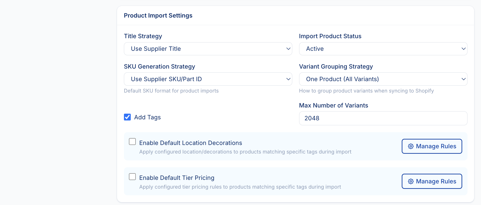 Shop Settings Product Import Settings section
