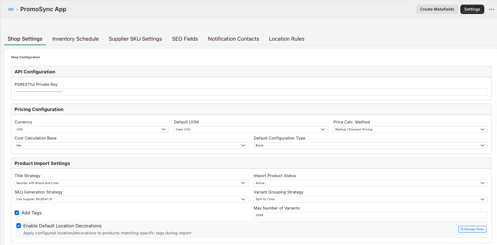 Shop Settings showing API Configuration, Pricing Configuration, and Product Import Settings sections