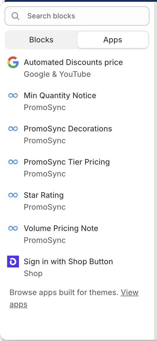 Shopify Theme Customizer Add block panel, Apps tab, listing PromoSync Decorations, PromoSync Tier Pricing, Min Quantity Notice, Volume Pricing Note, and Star Rating