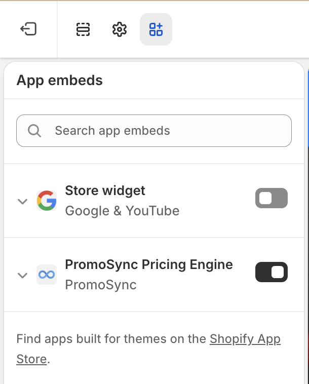 Shopify Theme Customizer App embeds panel showing PromoSync Pricing Engine toggled on