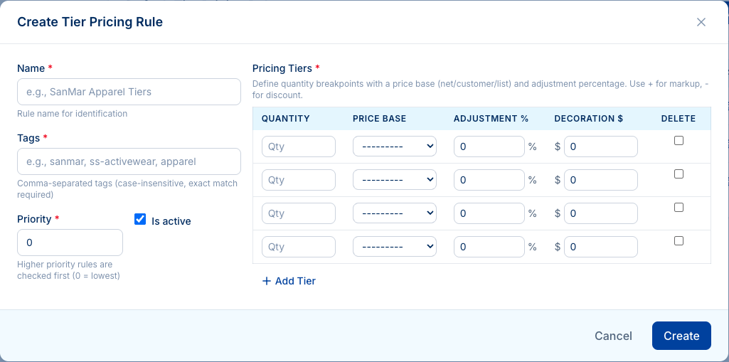 Create Tier Pricing Rule dialog with fields for Name, Tags, Priority, Is active, and a Pricing Tiers grid with columns for Quantity, Price Base, Adjustment percentage, Decoration dollars, and Delete